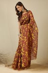 Label Nitika_Maroon Silk Organza, Chanderi Black Coral Striped Saree With Stitched Blouse  _Online
