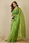 Label Nitika_Green Silk Organza, Chanderi Yellow Striped Saree _at_Aza_Fashions