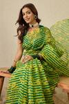 Shop_Label Nitika_Green Silk Organza, Chanderi Emerald Striped Saree With Stitched Blouse _Online_at_Aza_Fashions