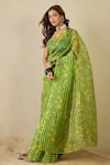 Label Nitika_Green Silk Organza, Chanderi Emerald Striped Saree With Stitched Blouse _at_Aza_Fashions