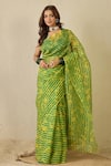 Buy_Label Nitika_Green Silk Organza, Chanderi Emerald Striped Saree With Stitched Blouse _at_Aza_Fashions