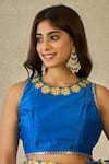 Label Nitika_Blue Modal, Chanderi, Satin Embroidery Round Floral Print Pre-draped Saree Set _Online_at_Aza_Fashions