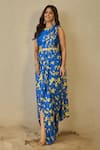 Shop_Label Nitika_Blue Modal, Chanderi, Satin Embroidery Round Floral Print Pre-draped Saree Set _Online_at_Aza_Fashions