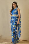Label Nitika_Blue Modal, Chanderi, Satin Embroidery Round Floral Print Pre-draped Saree Set _at_Aza_Fashions
