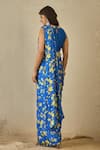 Shop_Label Nitika_Blue Modal, Chanderi, Satin Embroidery Round Floral Print Pre-draped Saree Set _at_Aza_Fashions