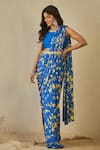 Buy_Label Nitika_Blue Modal, Chanderi, Satin Embroidery Round Floral Print Pre-draped Saree Set 