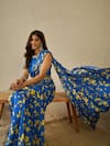 Shop_Label Nitika_Blue Modal, Chanderi, Satin Embroidery Round Floral Print Pre-draped Saree Set 