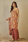 Shop_Label Nitika_Peach Modal, Satin Embroidery Asymmetric Black And Striped Tunic & Palazzo Set _Online_at_Aza_Fashions