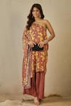 Buy_Label Nitika_Peach Modal, Satin Embroidery Asymmetric Black And Striped Tunic & Palazzo Set _at_Aza_Fashions