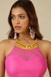 Label Nitika_Pink Modal, Net, Satin Beads Halter Neck, Purple And Floral Palazzo Set _Online_at_Aza_Fashions