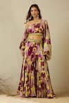 Buy_Label Nitika_Purple Satin, Georgette Beads, Embroidery Floral Printed Top And Palazzo Set _at_Aza_Fashions