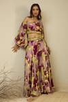 Shop_Label Nitika_Purple Satin, Georgette Beads, Embroidery Floral Printed Top And Palazzo Set 
