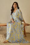 Buy_Label Nitika_Blue Modal, Satin Embroidery V-neck Floral Print Kaftan _Online_at_Aza_Fashions