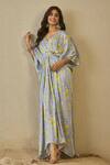 Label Nitika_Blue Modal, Satin Embroidery V-neck Floral Print Kaftan _at_Aza_Fashions