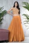 Shop_Vara By Vibha N Priti_Mustard Chiffon, Organza Tassels, Embroidery Round Hand Jacket Lehenga Set _Online_at_Aza_Fashions