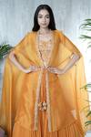 Vara By Vibha N Priti_Mustard Chiffon, Organza Tassels, Embroidery Round Hand Jacket Lehenga Set _at_Aza_Fashions