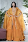 Buy_Vara By Vibha N Priti_Mustard Chiffon, Organza Tassels, Embroidery Round Hand Jacket Lehenga Set _at_Aza_Fashions