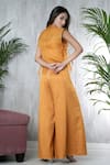 Shop_Vara By Vibha N Priti_Mustard Linen, Satin, Organza Embroidery Round Neck Hand Jumpsuit And Cape _at_Aza_Fashions