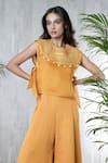 Buy_Vara By Vibha N Priti_Mustard Linen, Satin, Organza Embroidery Round Neck Hand Jumpsuit And Cape _Online_at_Aza_Fashions