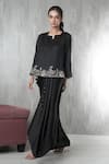 Shop_Vara By Vibha N Priti_Black Organza, Satin, Modal Embroidery Round Neck Hand Tunic And Skirt Set _Online_at_Aza_Fashions