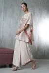 Vara By Vibha N Priti_Beige Tissue Embroidery Round Neck Hand Kaftan And Pant Set _Online_at_Aza_Fashions