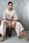 Shop_Vara By Vibha N Priti_Beige Tissue Embroidery Round Neck Hand Kaftan And Pant Set _Online_at_Aza_Fashions