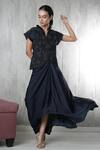 Buy_Vara By Vibha N Priti_Navy Organza, Satin, Modal Embroidery V-neck Blue Hand Waist Coat And Skirt _at_Aza_Fashions