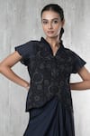 Vara By Vibha N Priti_Navy Organza, Satin, Modal Embroidery V-neck Blue Hand Waist Coat And Skirt _at_Aza_Fashions