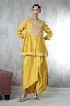Buy_Vara By Vibha N Priti_Mustard Chanderi, Satin, Modal Embroidery Round Neck Hand Tunic And Skirt Set _at_Aza_Fashions