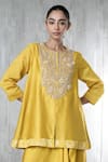 Buy_Vara By Vibha N Priti_Mustard Chanderi, Satin, Modal Embroidery Round Neck Hand Tunic And Skirt Set _Online_at_Aza_Fashions