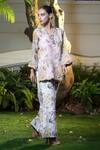 Vara By Vibha N Priti_Pink Silk, Chanderi, Organza Embroidery Split Light Printed Tunic And Palazzo Set _at_Aza_Fashions