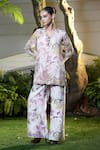 Buy_Vara By Vibha N Priti_Pink Silk, Chanderi, Organza Embroidery Split Light Printed Tunic And Palazzo Set _at_Aza_Fashions