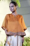Vara By Vibha N Priti_Yellow Organza, Satin, Modal Embroidery Round Mustard Hand Tunic And Harem Pant _Online_at_Aza_Fashions