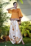 Buy_Vara By Vibha N Priti_Yellow Organza, Satin, Modal Embroidery Round Mustard Hand Tunic And Harem Pant _at_Aza_Fashions