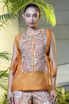Vara By Vibha N Priti_Mustard Chanderi, Organza Embroidery Round Neck Hand Set _Online_at_Aza_Fashions