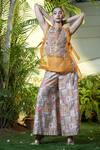 Vara By Vibha N Priti_Mustard Chanderi, Organza Embroidery Round Neck Hand Set _at_Aza_Fashions