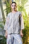 Vara By Vibha N Priti_Blue Organza, Silk, Chanderi Embroidery Round Powder Hand Jacket And Palazzo _Online_at_Aza_Fashions