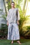 Buy_Vara By Vibha N Priti_Blue Organza, Silk, Chanderi Embroidery Round Powder Hand Jacket And Palazzo _at_Aza_Fashions