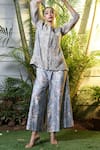Vara By Vibha N Priti_Blue Organza, Silk, Chanderi Embroidery Round Powder Hand Jacket And Palazzo _at_Aza_Fashions