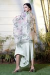 Shop_Vara By Vibha N Priti_Green Organza, Satin, Modal Sequins V-neck Printed Kaftan And Harem Pant Set _at_Aza_Fashions