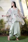 Buy_Vara By Vibha N Priti_Green Organza, Satin, Modal Sequins V-neck Printed Kaftan And Harem Pant Set _Online_at_Aza_Fashions