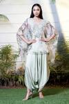 Buy_Vara By Vibha N Priti_Green Organza, Satin, Modal Sequins V-neck Printed Kaftan And Harem Pant Set _at_Aza_Fashions