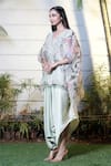 Shop_Vara By Vibha N Priti_Green Organza, Satin, Modal Sequins V-neck Printed Kaftan And Harem Pant Set _Online_at_Aza_Fashions