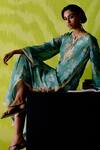 Deep Thee_Green Crepe, Silk Cut Work, Embroidery Round Sage Floral Printed Slit Dress _at_Aza_Fashions