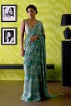 Buy_Deep Thee_Green Crepe, Silk, Tissue Beads, Sequins Floral Printed Sage Saree Set _at_Aza_Fashions