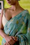 Deep Thee_Green Crepe, Silk, Tissue Beads, Sequins Floral Printed Sage Saree Set _at_Aza_Fashions