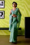 Buy_Deep Thee_Green Organza, Crepe, Silk Embroidery V-neck Sage Saree Set _at_Aza_Fashions