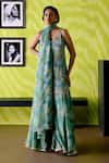 Buy_Deep Thee_Green Crepe, Silk, Organza Beads, Sequins V-neck Floral Print Sage Sharara Set _at_Aza_Fashions