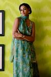 Deep Thee_Green Crepe, Silk, Organza Beads, Sequins V-neck Floral Print Sage Sharara Set _Online_at_Aza_Fashions