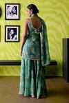 Shop_Deep Thee_Green Crepe, Silk, Organza Beads, Sequins V-neck Floral Print Sage Sharara Set _at_Aza_Fashions